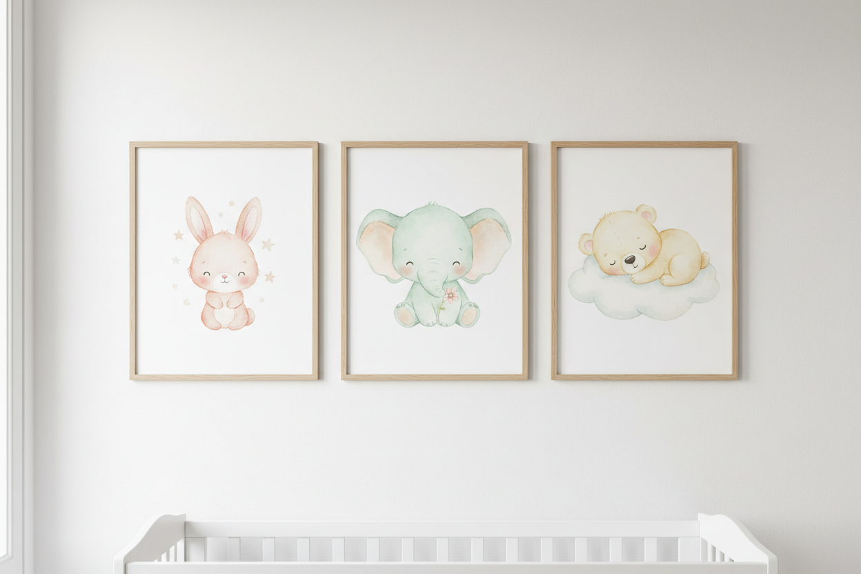 Set of 3 watercolor nursery prints featuring elephant, bunny, and bear in pastel mint, blush pink, and soft yellow
