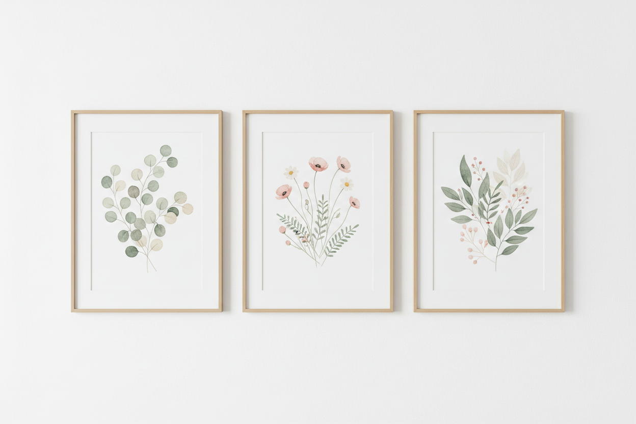 Set of 3 botanical watercolor prints featuring leaves, wildflowers, and eucalyptus in sage green, blush pink, and cream
