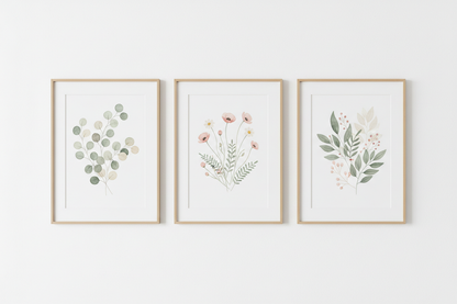 Set of 3 botanical watercolor prints featuring leaves, wildflowers, and eucalyptus in sage green, blush pink, and cream