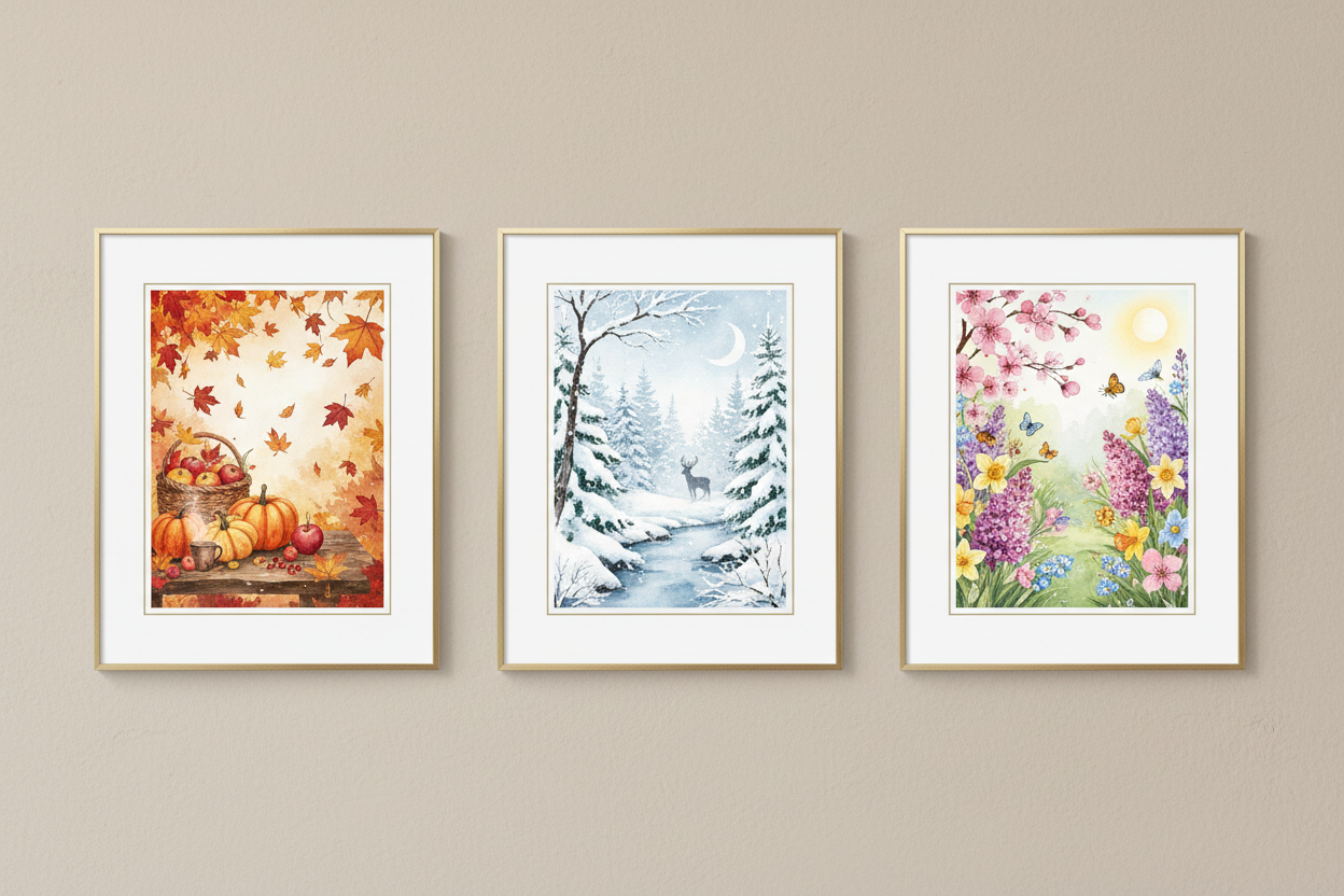 Set of 3 seasonal watercolor prints featuring autumn, winter, and spring scenes in soft elegant style