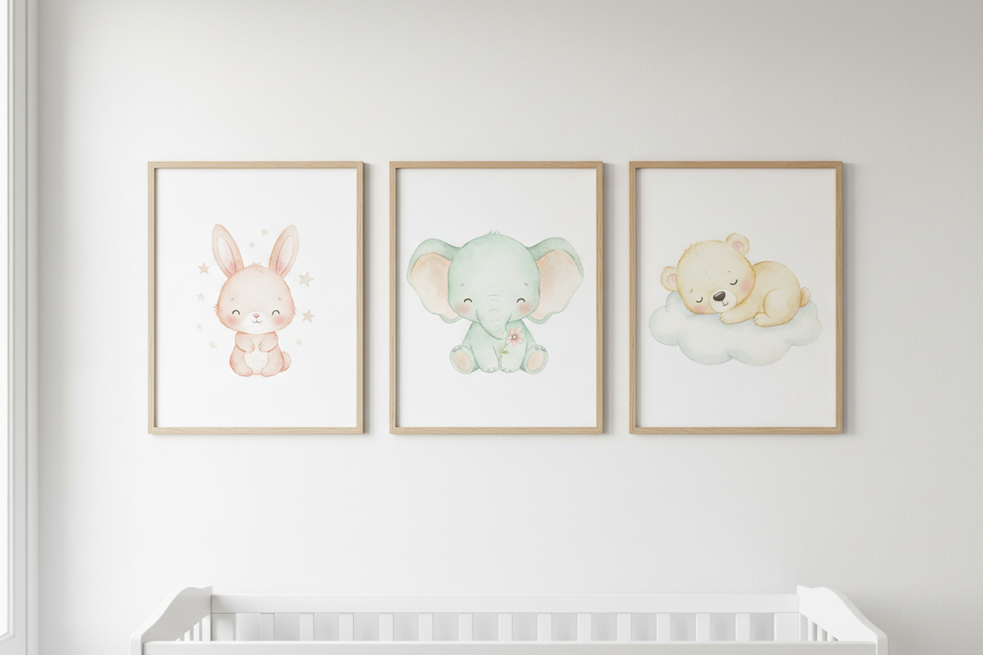 Set of 3 watercolor nursery prints featuring elephant, bunny, and bear in pastel mint, blush pink, and soft yellow