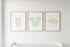 Set of 3 watercolor nursery prints featuring elephant, bunny, and bear in pastel mint, blush pink, and soft yellow