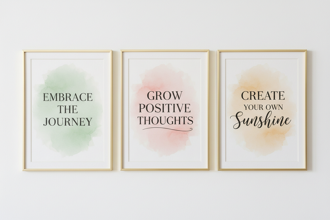 Set of 3 motivational quote prints with elegant typography on soft watercolor backgrounds in blush pink, sage green, and ivory