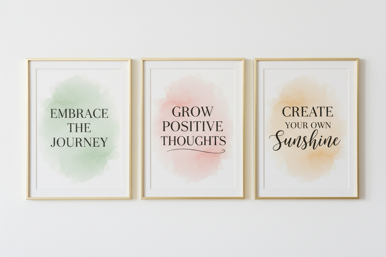 Set of 3 motivational quote prints with elegant typography on soft watercolor backgrounds in blush pink, sage green, and ivory