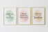 Set of 3 motivational quote prints with elegant typography on soft watercolor backgrounds in blush pink, sage green, and ivory
