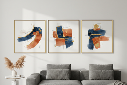 Set of 3 modern abstract art prints in navy, terracotta, and gold tones